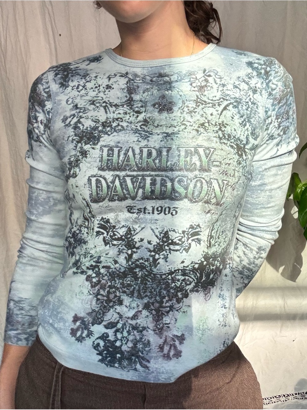 Harley-Davidson Light Blue Distressed Graphic Long Sleeve Top - Picture 1 of 2